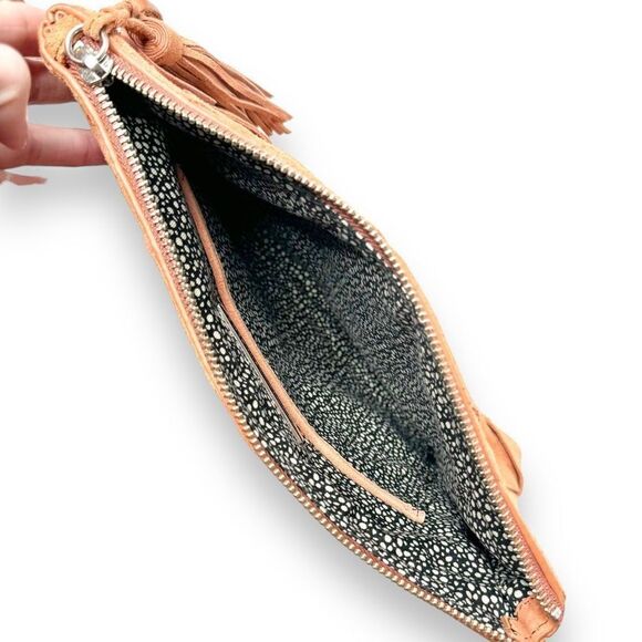 LOEFFLER RANDALL Chestnut Brown Woven Suede Logo Tassel Clutch 11 x 8 - Picture 7 of 9